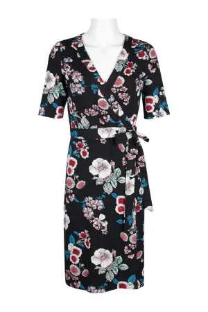 Adrianna Papell Surplice Nk Short Sleeve Floral Print Tie Side Rayon Jersey Faux Wrap Dress