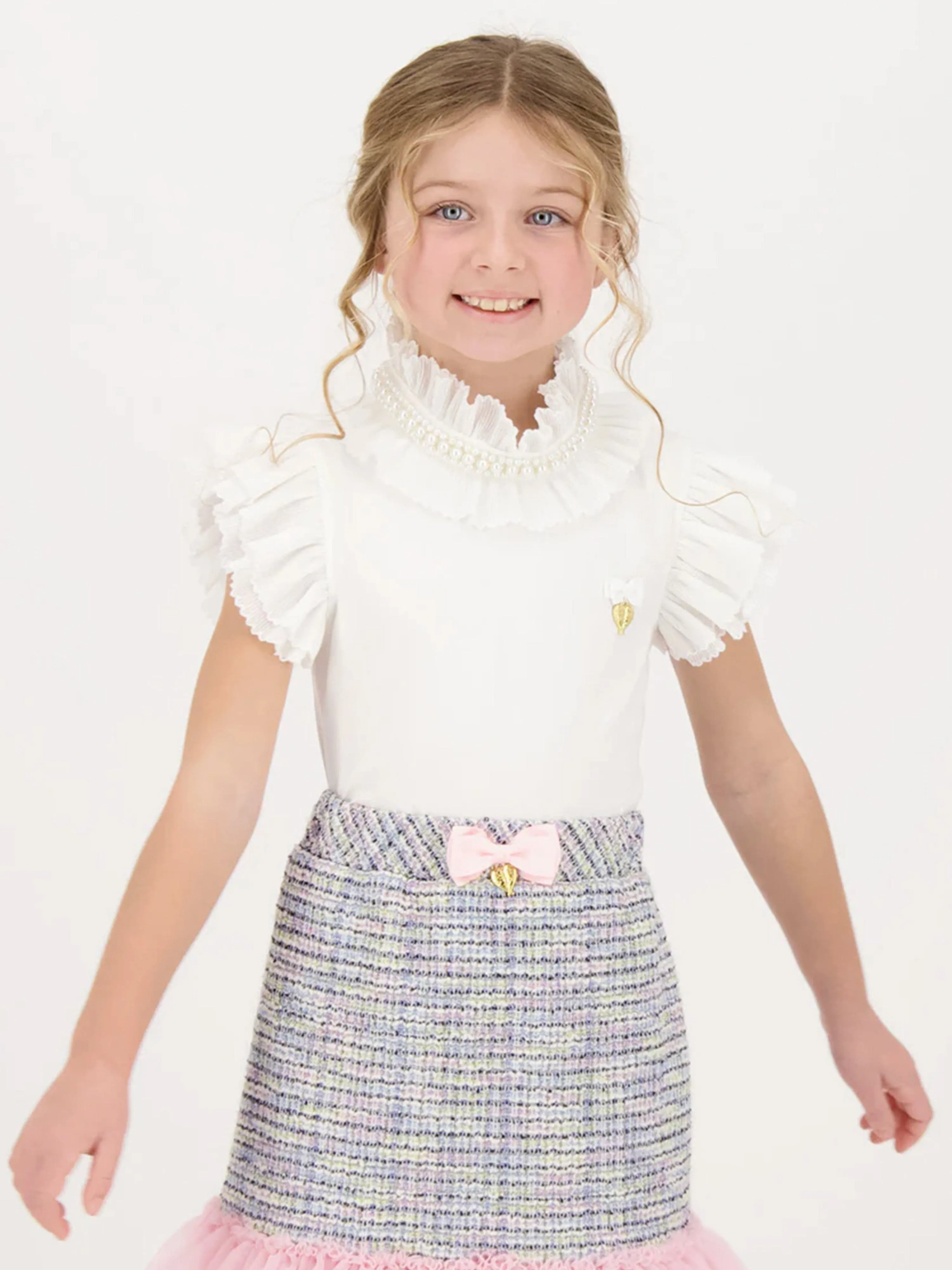 Angels Face Girls Pearlee Pleated Pearl Collar Top in White