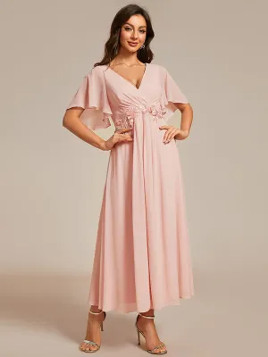 Applique V Neck Tea Length Wedding Guest Dress With Short Sleeves