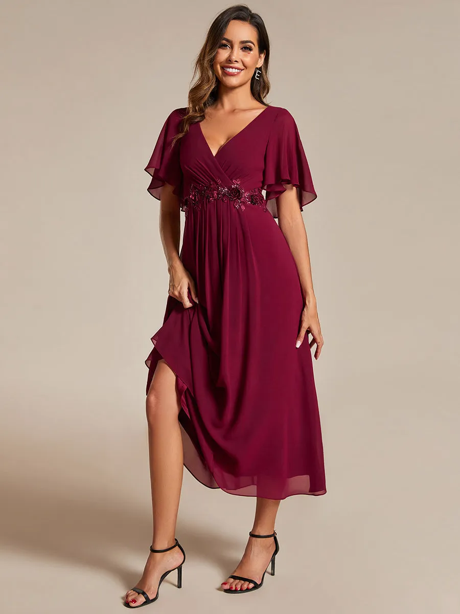 Applique V Neck Tea Length Wedding Guest Dress With Short Sleeves