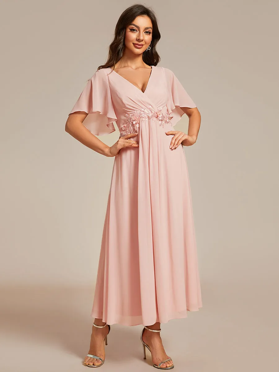 Applique V Neck Tea Length Wedding Guest Dress With Short Sleeves