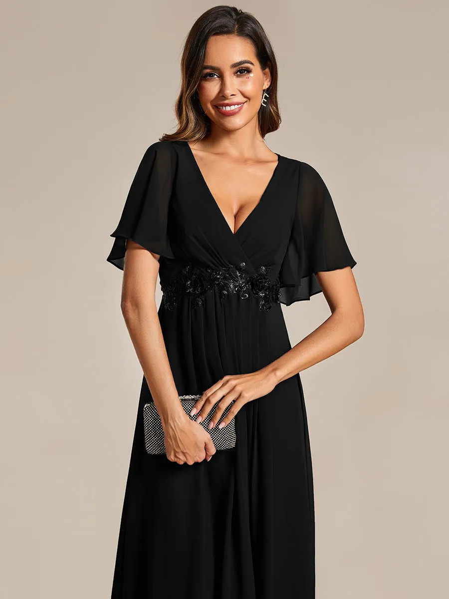 Applique V Neck Tea Length Wedding Guest Dress With Short Sleeves