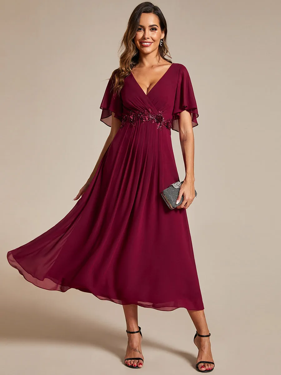 Applique V Neck Tea Length Wedding Guest Dress With Short Sleeves