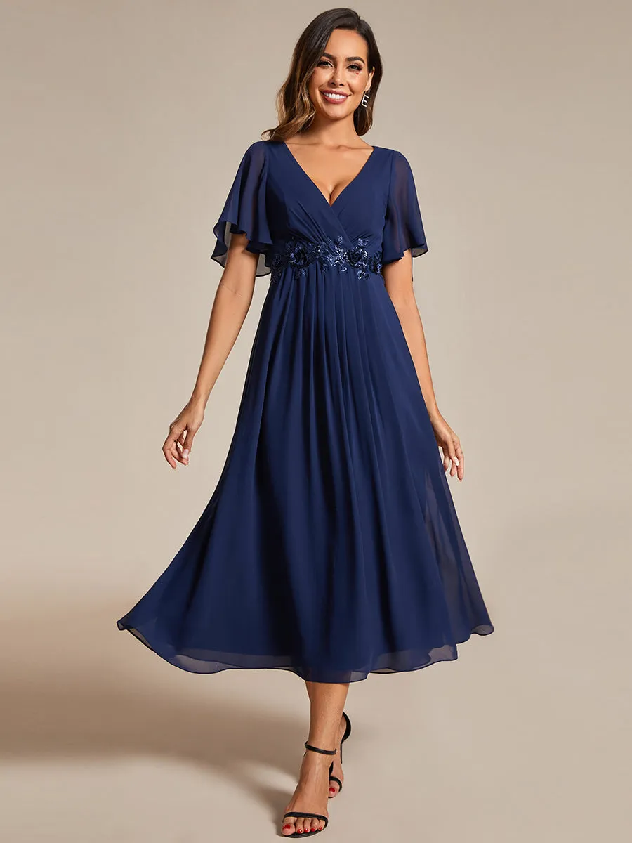 Applique V Neck Tea Length Wedding Guest Dress With Short Sleeves