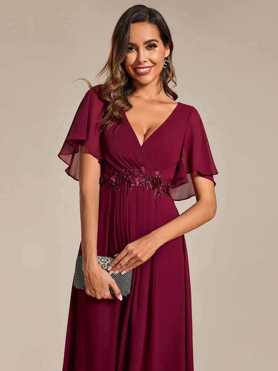 Applique V Neck Tea Length Wedding Guest Dress With Short Sleeves