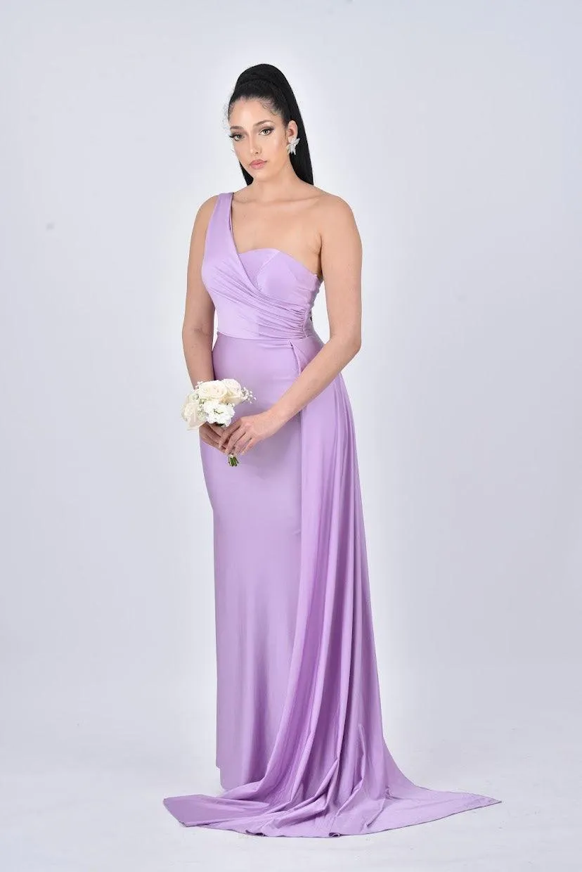 AURORA One Shoulder Bridesmaids Maxi Dress with Side Train - Lilac / Light Purple