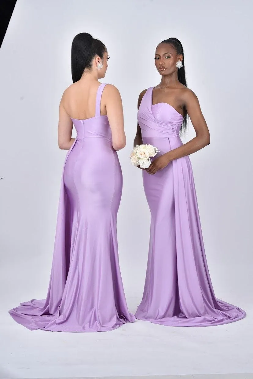 AURORA One Shoulder Bridesmaids Maxi Dress with Side Train - Lilac / Light Purple