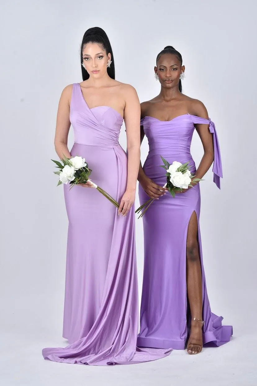 AURORA One Shoulder Bridesmaids Maxi Dress with Side Train - Lilac / Light Purple