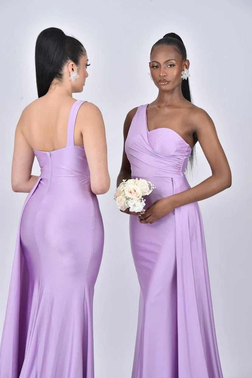 AURORA One Shoulder Bridesmaids Maxi Dress with Side Train - Lilac / Light Purple