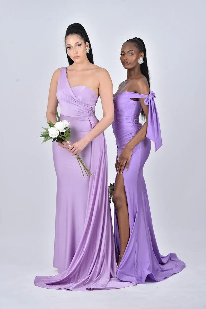 AURORA One Shoulder Bridesmaids Maxi Dress with Side Train - Lilac / Light Purple