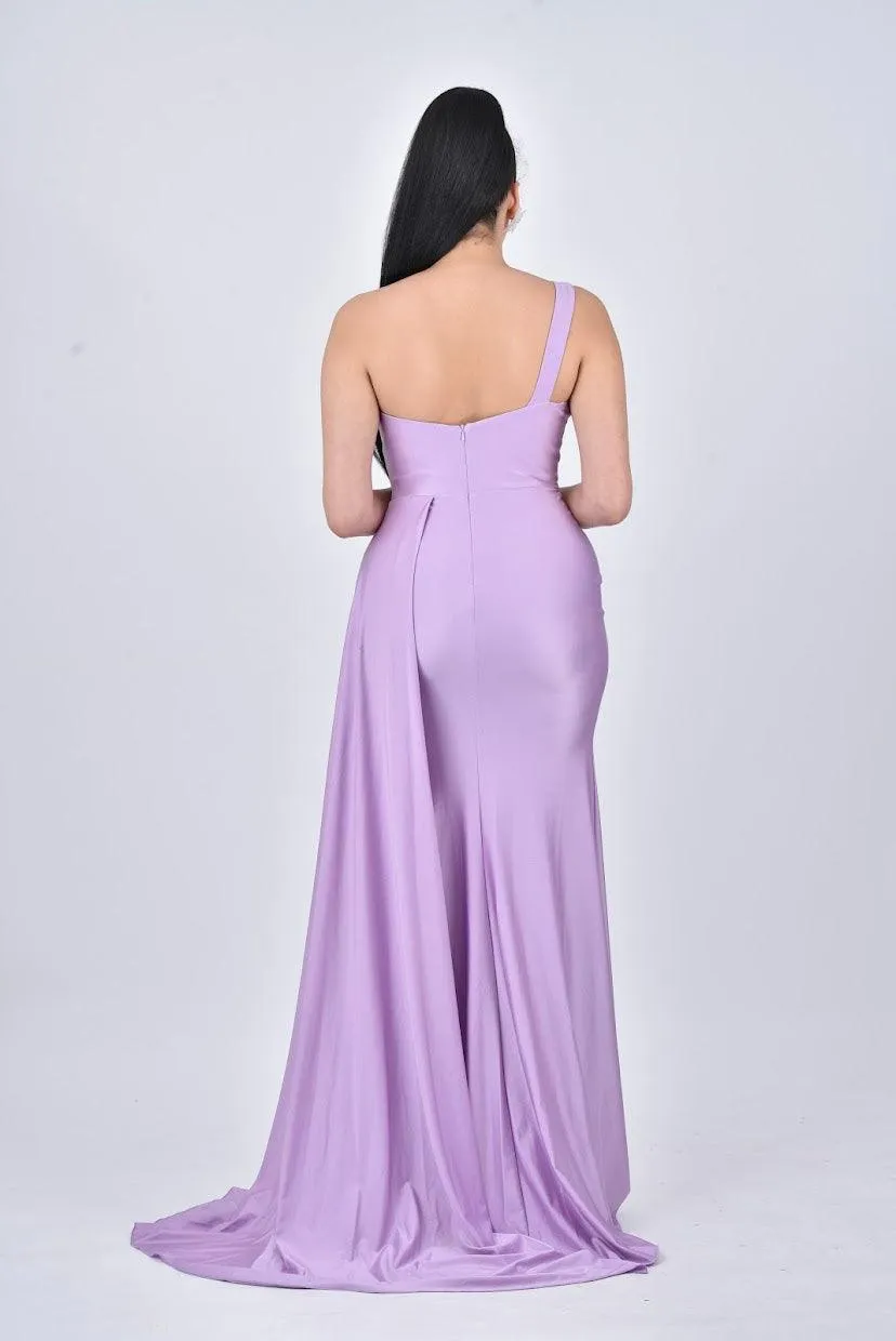 AURORA One Shoulder Bridesmaids Maxi Dress with Side Train - Lilac / Light Purple