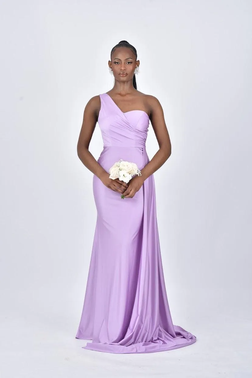 AURORA One Shoulder Bridesmaids Maxi Dress with Side Train - Lilac / Light Purple