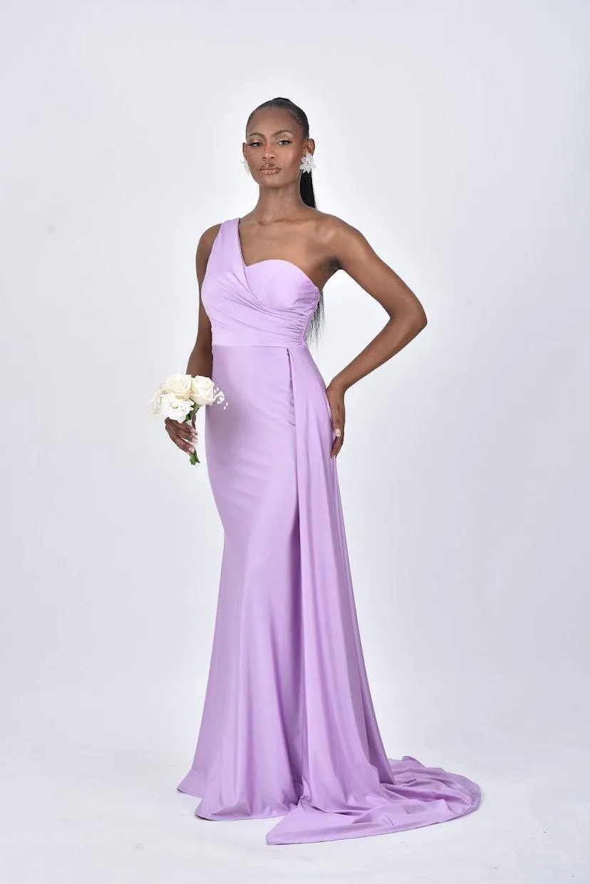 AURORA One Shoulder Bridesmaids Maxi Dress with Side Train - Lilac / Light Purple