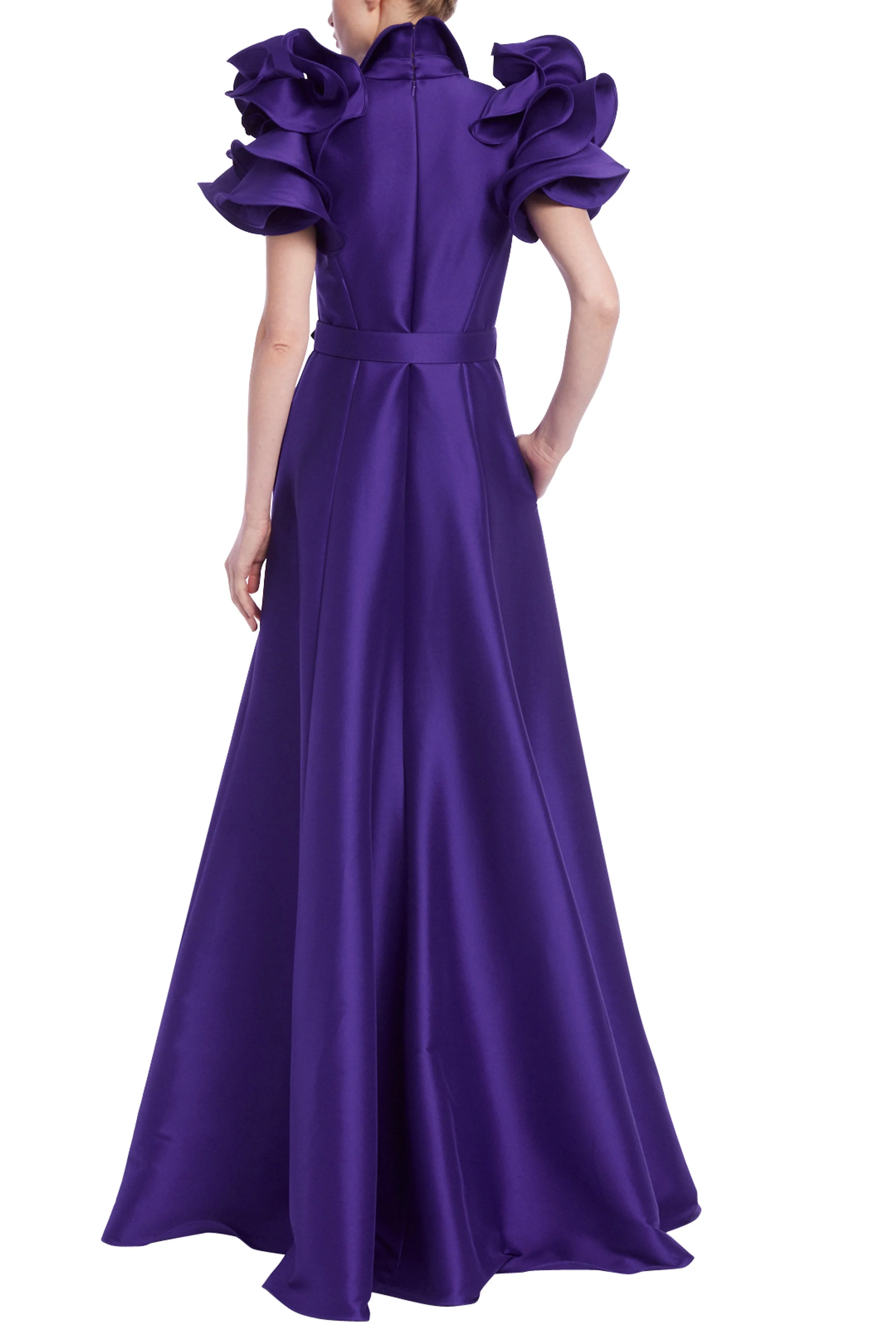 Badgley Mischka Mikado Ruffle-Sleeve Gown with Belted Full Skirt - Wholesale