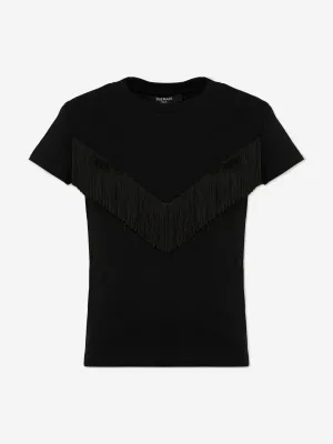 Balmain Girls Fringed T-Shirt in Black