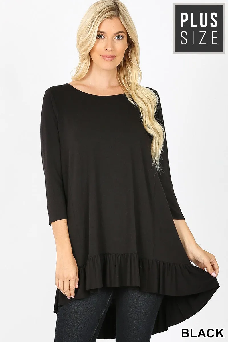 Black 3/4 Length Sleeve Dress with Ruffle Hem, S-3XL!