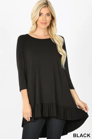 Black 3/4 Length Sleeve Dress with Ruffle Hem, S-3XL!