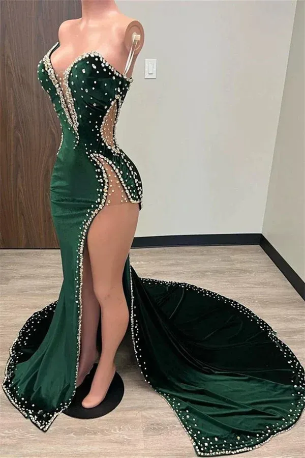 Black Girl Prom Dresses Long Mermaid Green Prom Gown With Train SH614