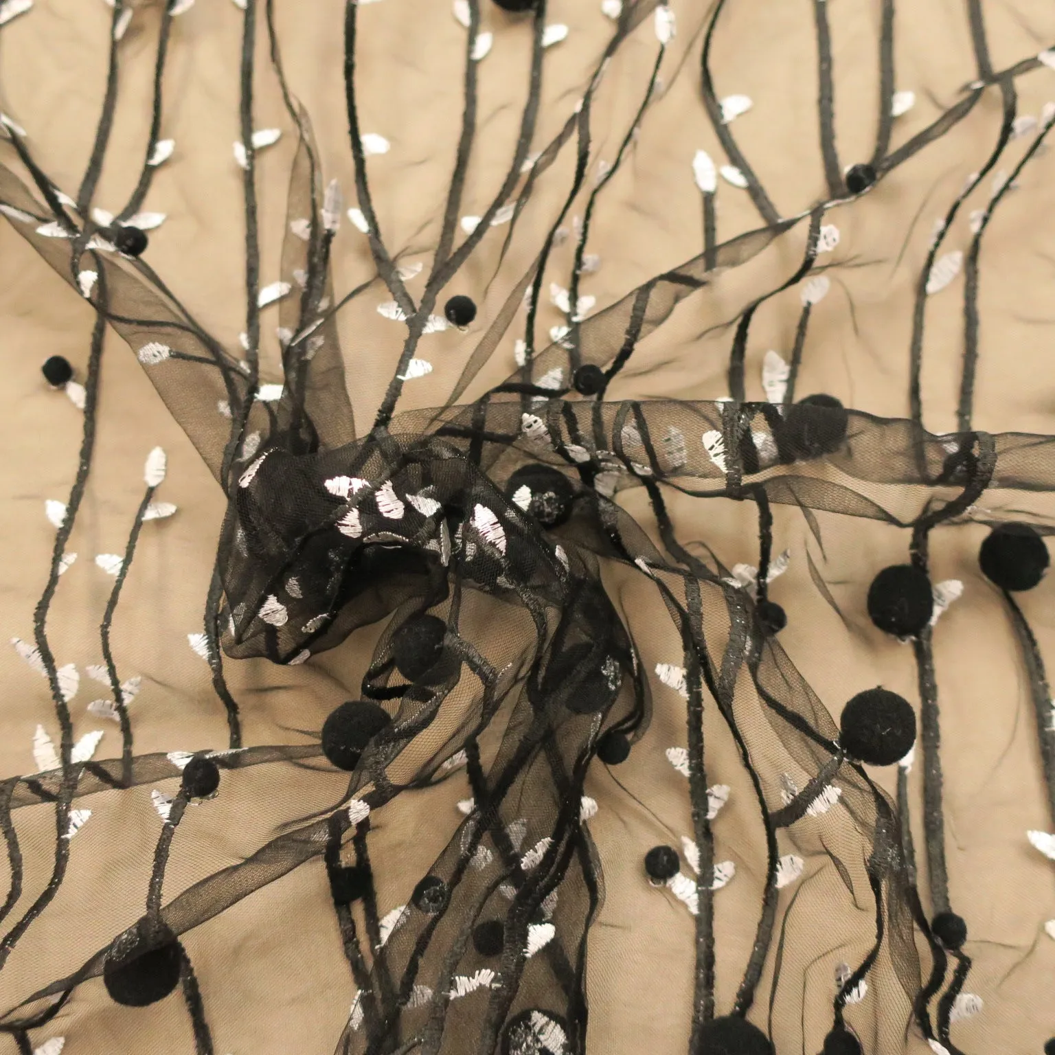 Black with White Accents 3D High Relief Balls and Branches Embroidered Tulle Fabric