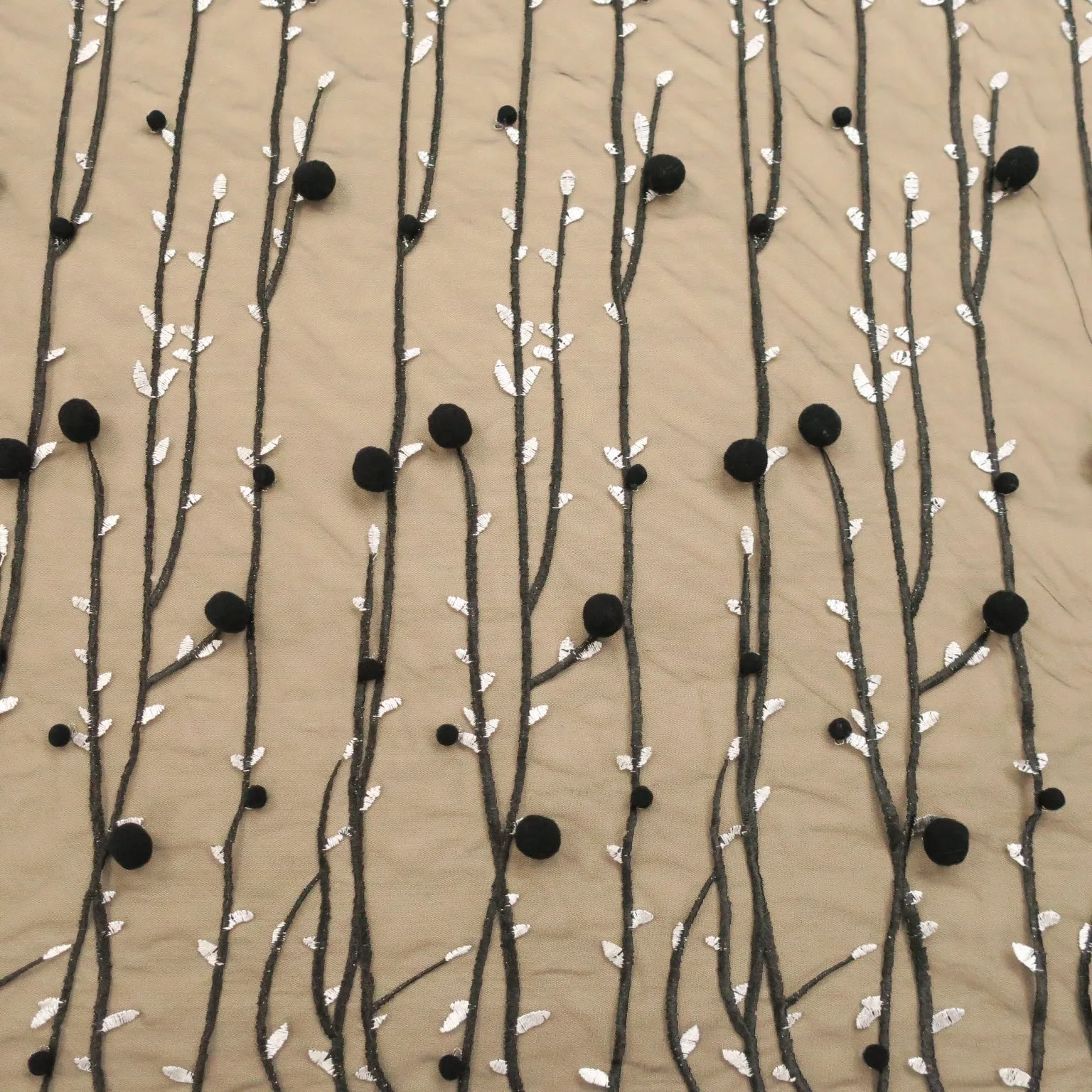 Black with White Accents 3D High Relief Balls and Branches Embroidered Tulle Fabric