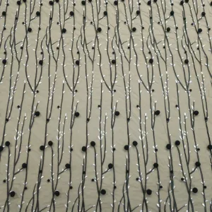 Black with White Accents 3D High Relief Balls and Branches Embroidered Tulle Fabric