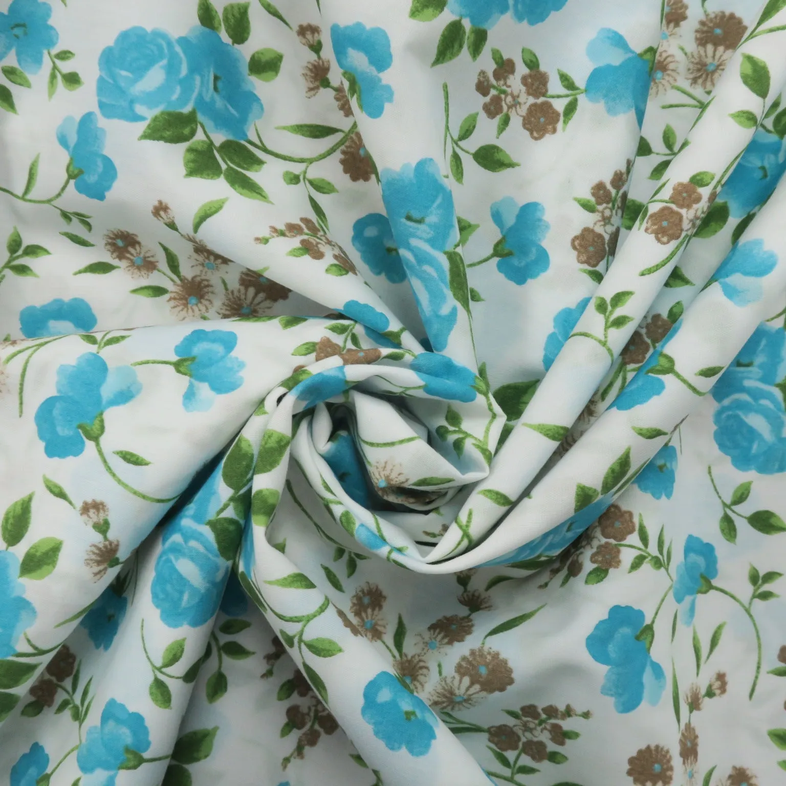 Blue Flowers on White Background Printed Cotton Blended Broadcloth