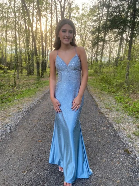 Blue Mermaid Beaded Long Prom Dress Evening Dress SH874