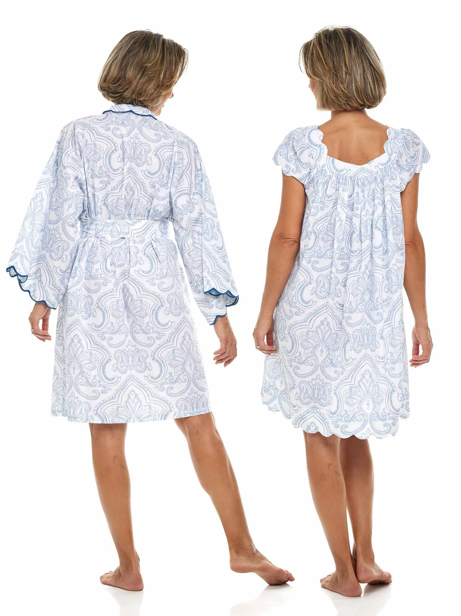 Blue Paisley Bundle: Short Kimono Robe   Cap Sleeve Short Nightgown