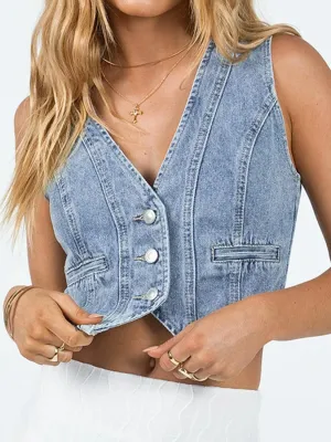 Button Up Sleeveless Denim Top