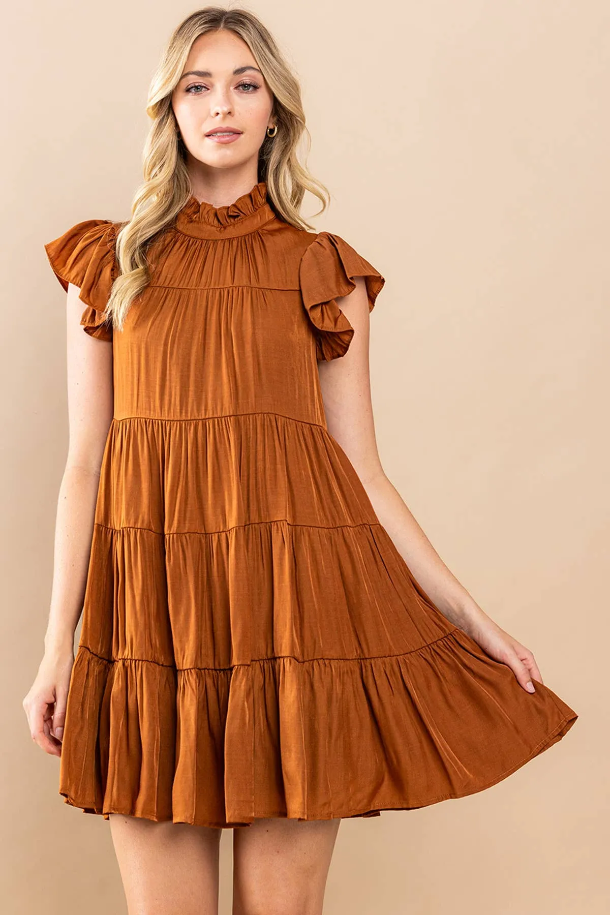 Camel Tiered Ruffle Sleeve Dress