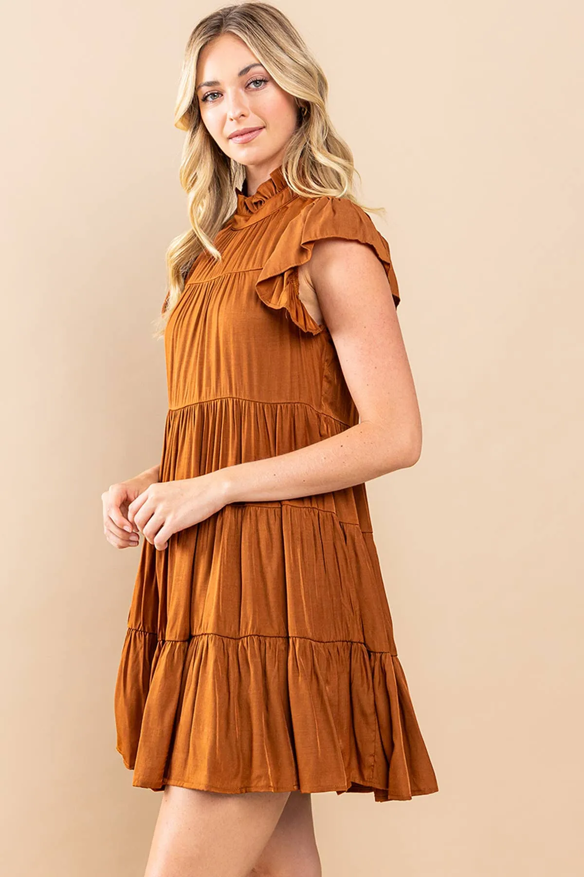 Camel Tiered Ruffle Sleeve Dress