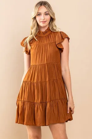 Camel Tiered Ruffle Sleeve Dress