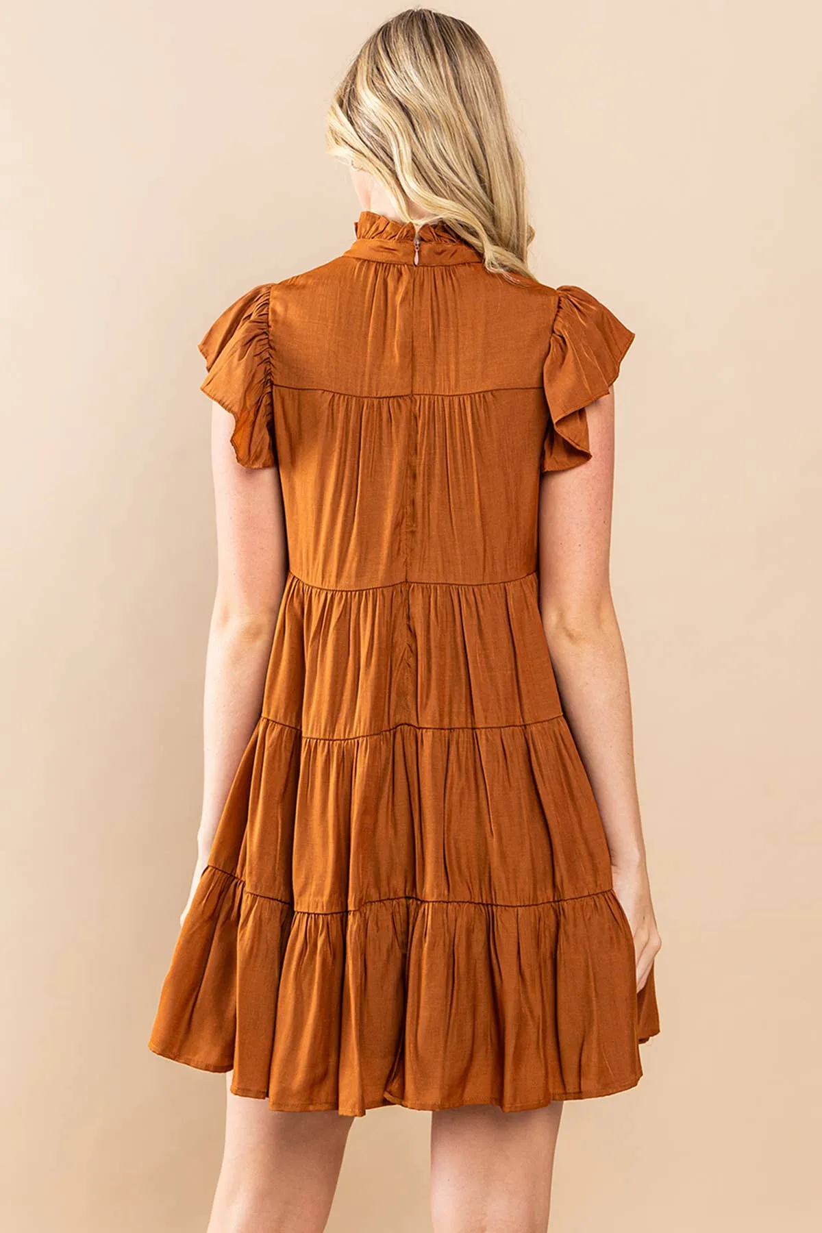 Camel Tiered Ruffle Sleeve Dress