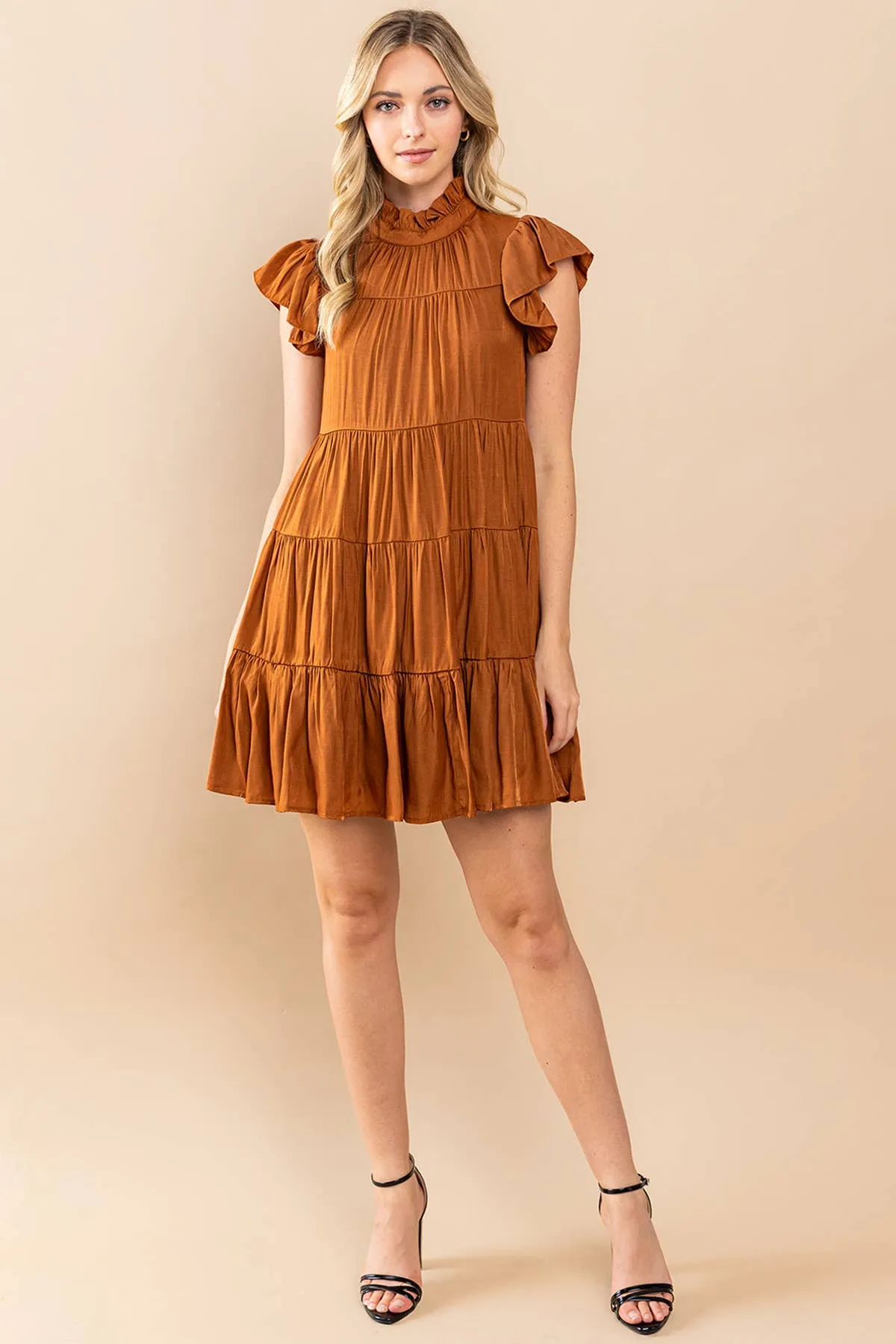 Camel Tiered Ruffle Sleeve Dress