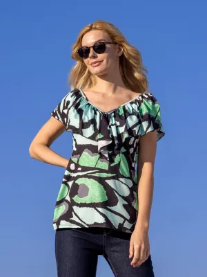 Cap Sleeve Green Butterfly Print Ruffle V Neck Womens Top