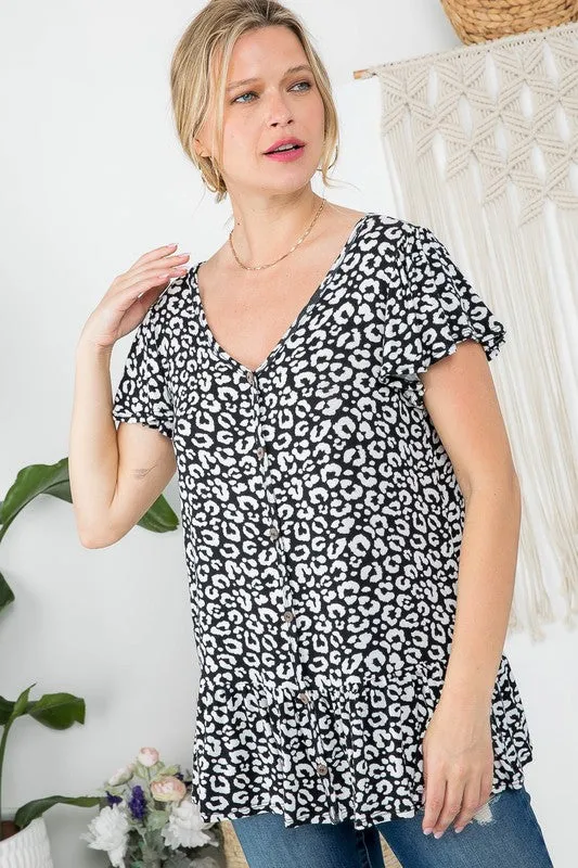 Cheetah Button Ruffle Tunic Top