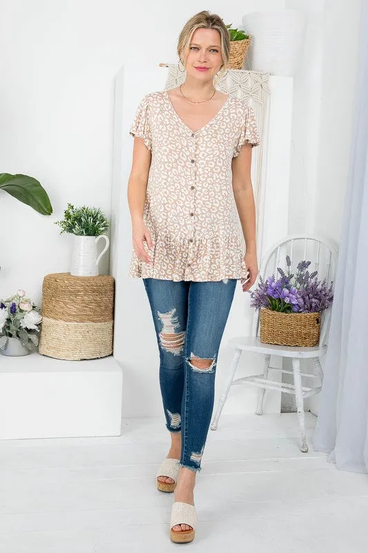 Cheetah Button Ruffle Tunic Top