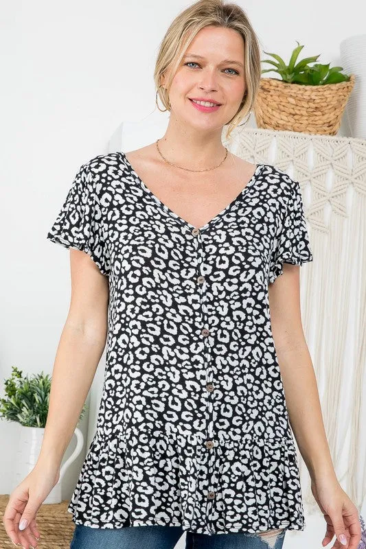 Cheetah Button Ruffle Tunic Top