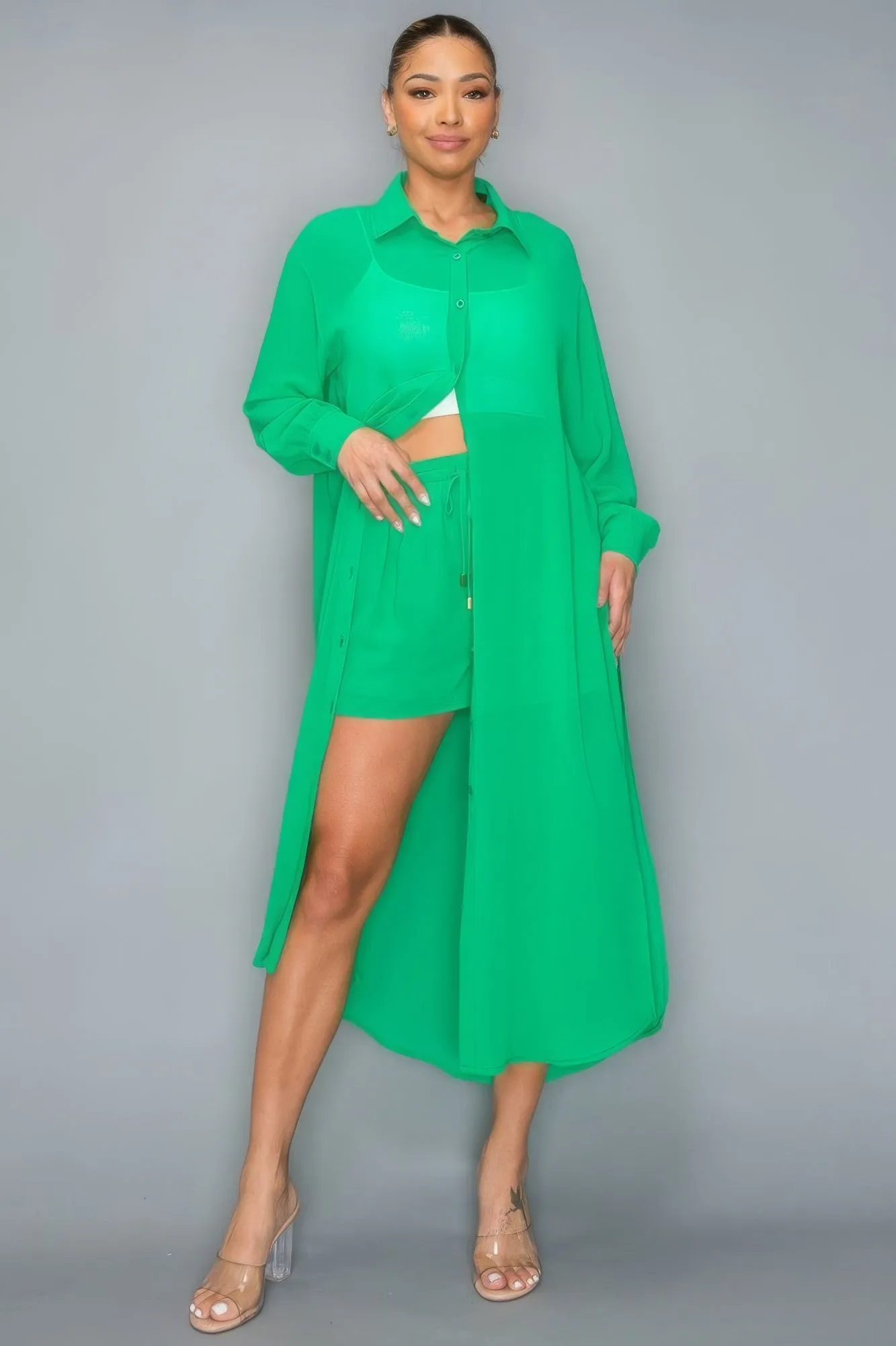 Chiffon Button Down Long Sleeve Side Slit Long Top Short Set