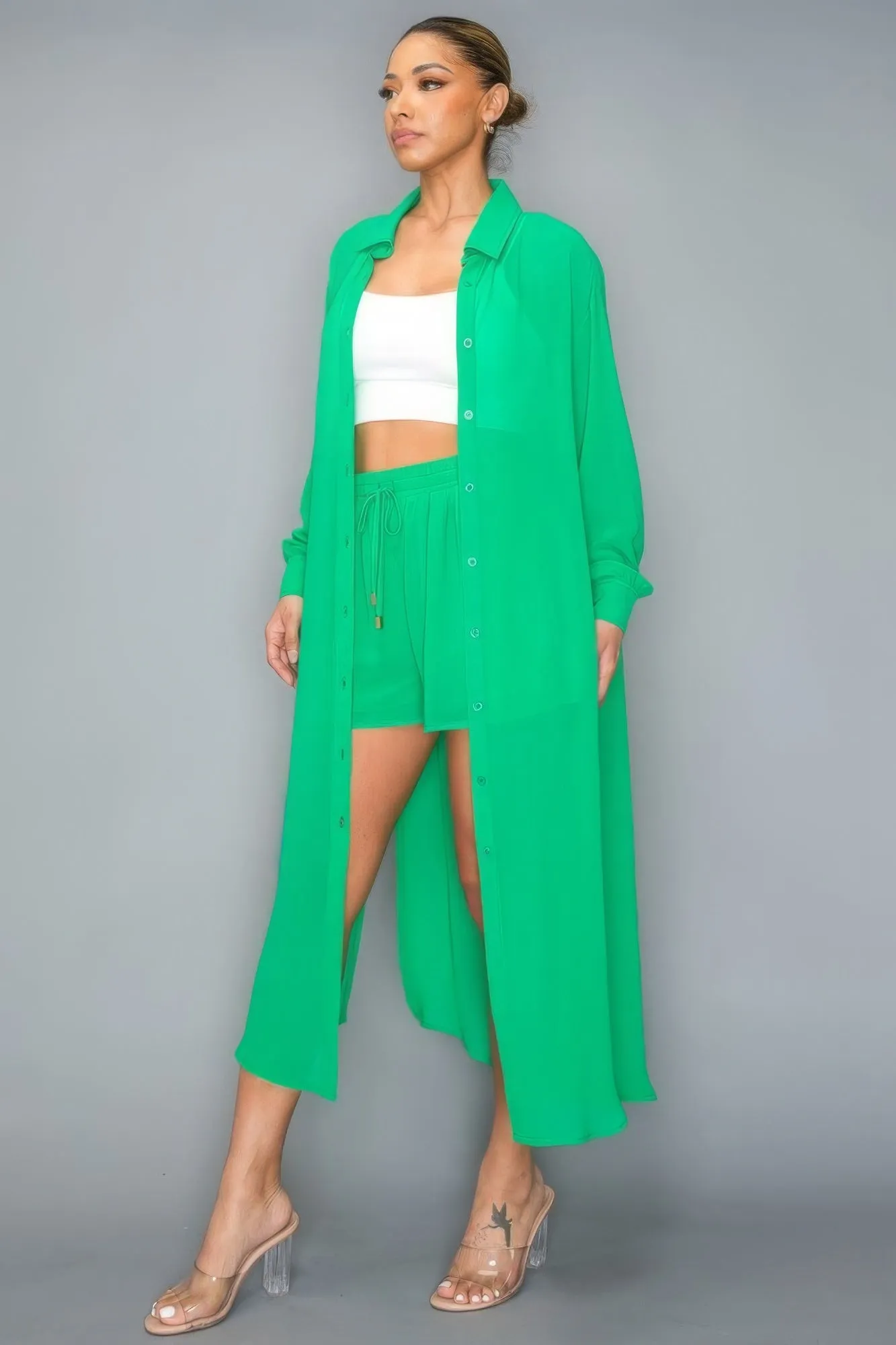 Chiffon Button Down Long Sleeve Side Slit Long Top Short Set