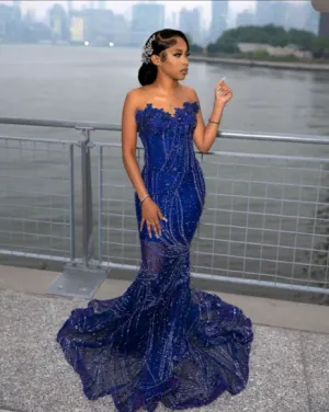 Elegant Royal Blue Sequin Beaded Appliques Mermaid Prom Dress Evening Dress SH982