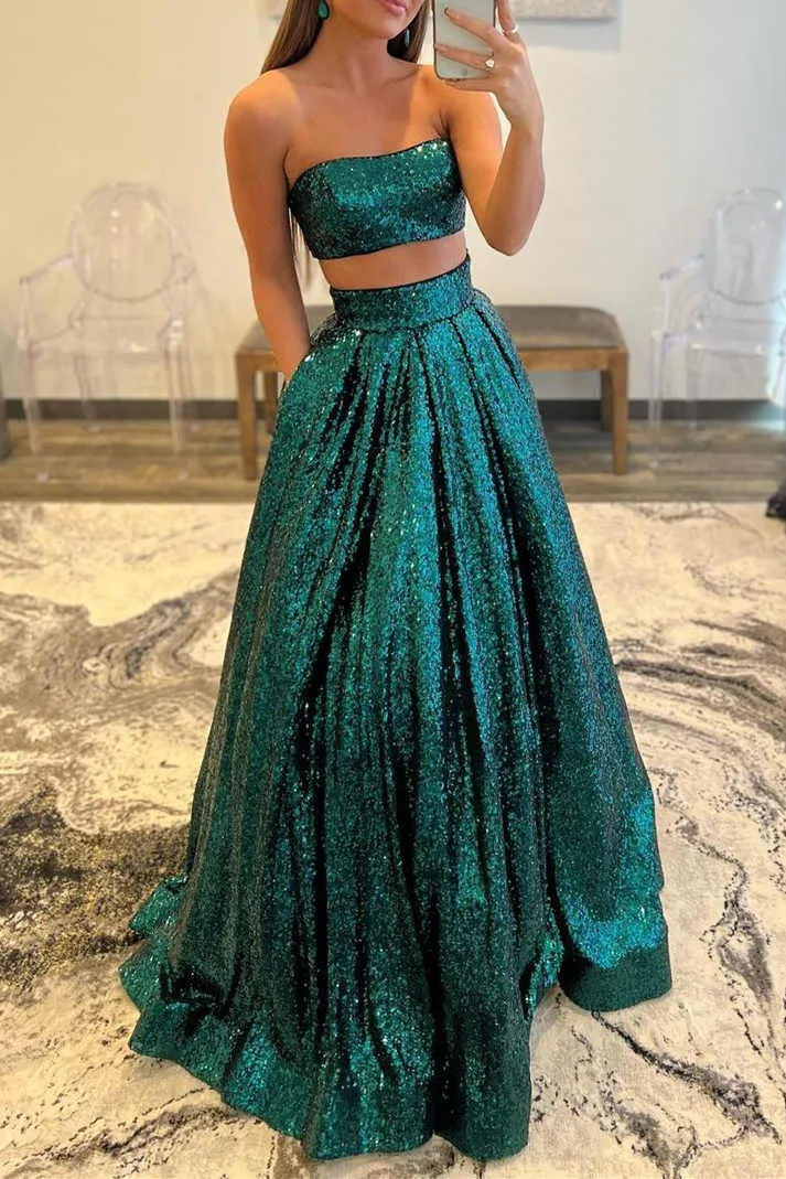 Emerald Green Sequins Two Piece Prom Dress with Pockets SH437