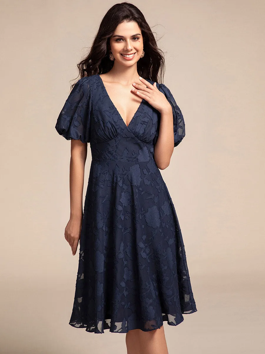 Exquisite Young Fashion puffy sleeveA-line Jacquard Chiffon Dresses with Lining