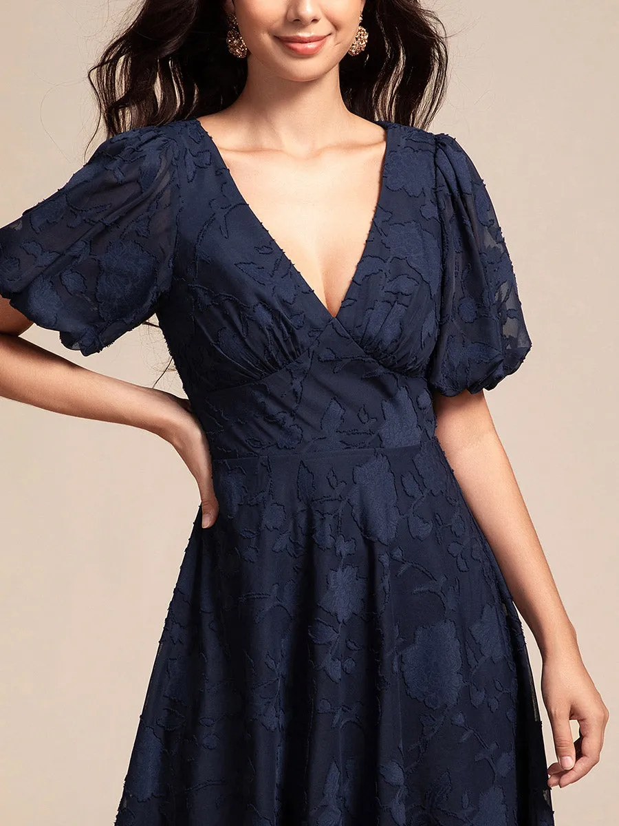 Exquisite Young Fashion puffy sleeveA-line Jacquard Chiffon Dresses with Lining