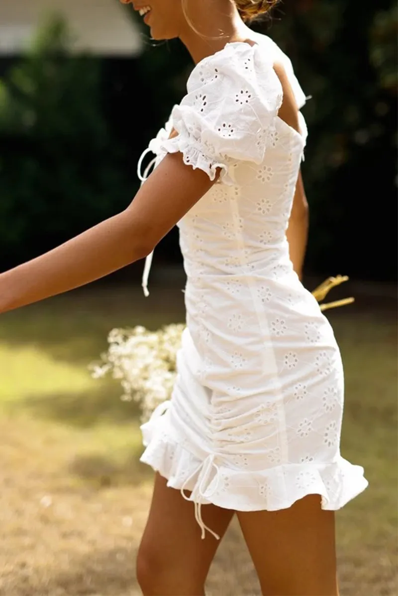 Frill White Cotton Eyelet Shirred Criss Cross Ruffle Hem Dress