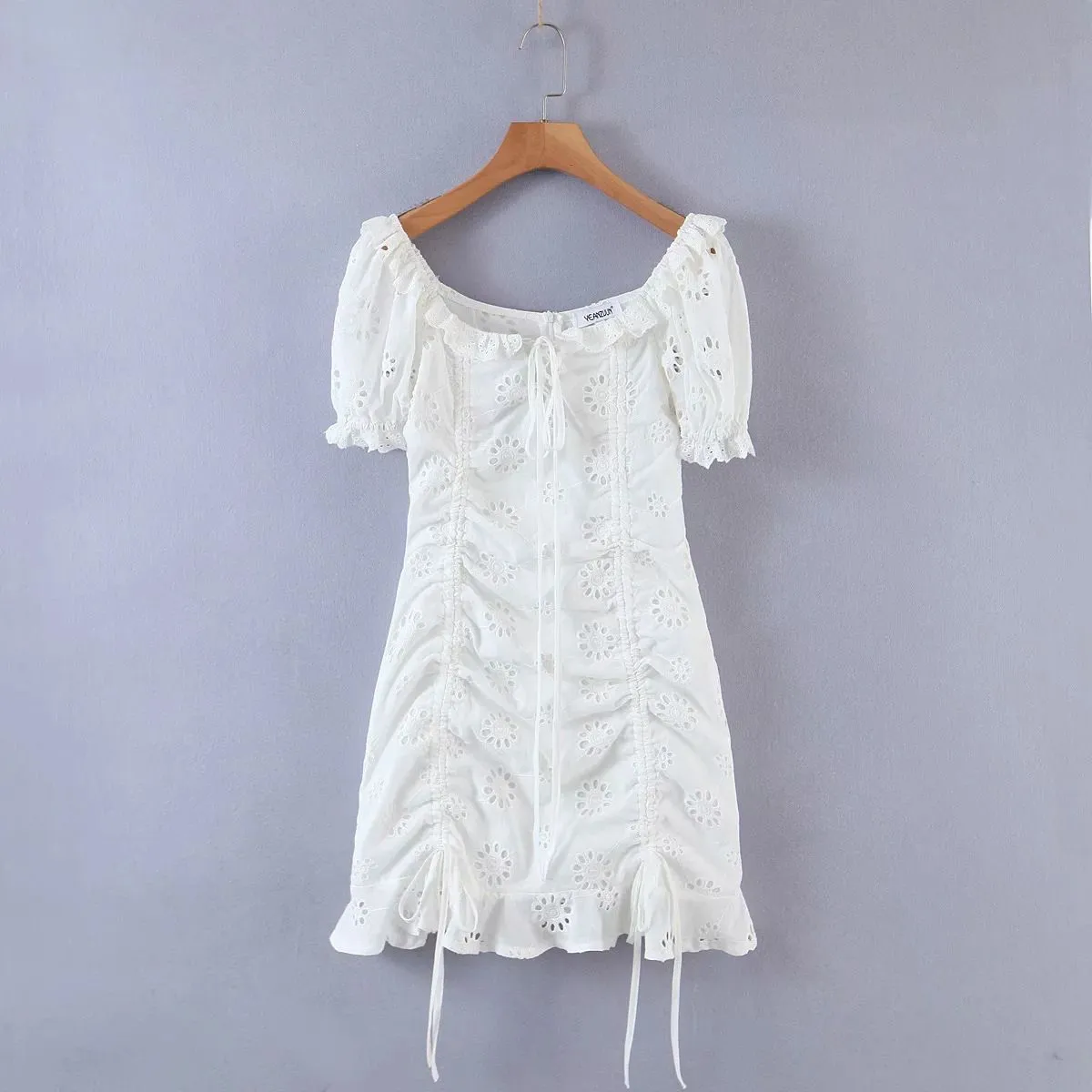 Frill White Cotton Eyelet Shirred Criss Cross Ruffle Hem Dress