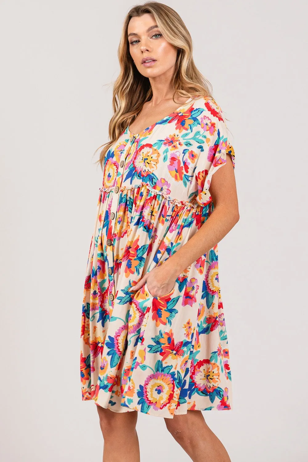 Full Size Floral Button-Down Short Sleeve Dress