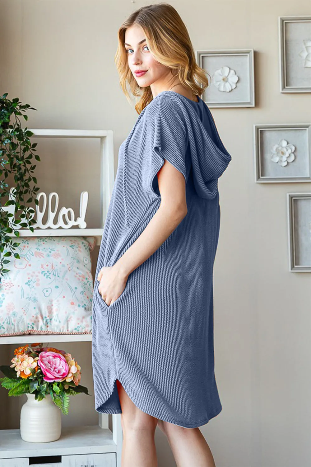 Full Size Ribbed Short Sleeve Hooded Dress