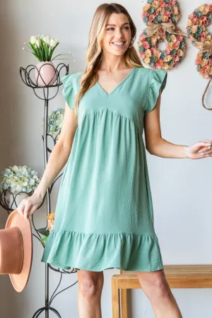 Full Size Short Sleeve V Neck Ruffled Hem Dress