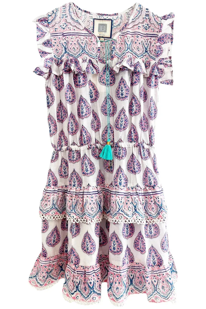 Girls White with Coral & Blue Fog Print Cinched Waist Dress